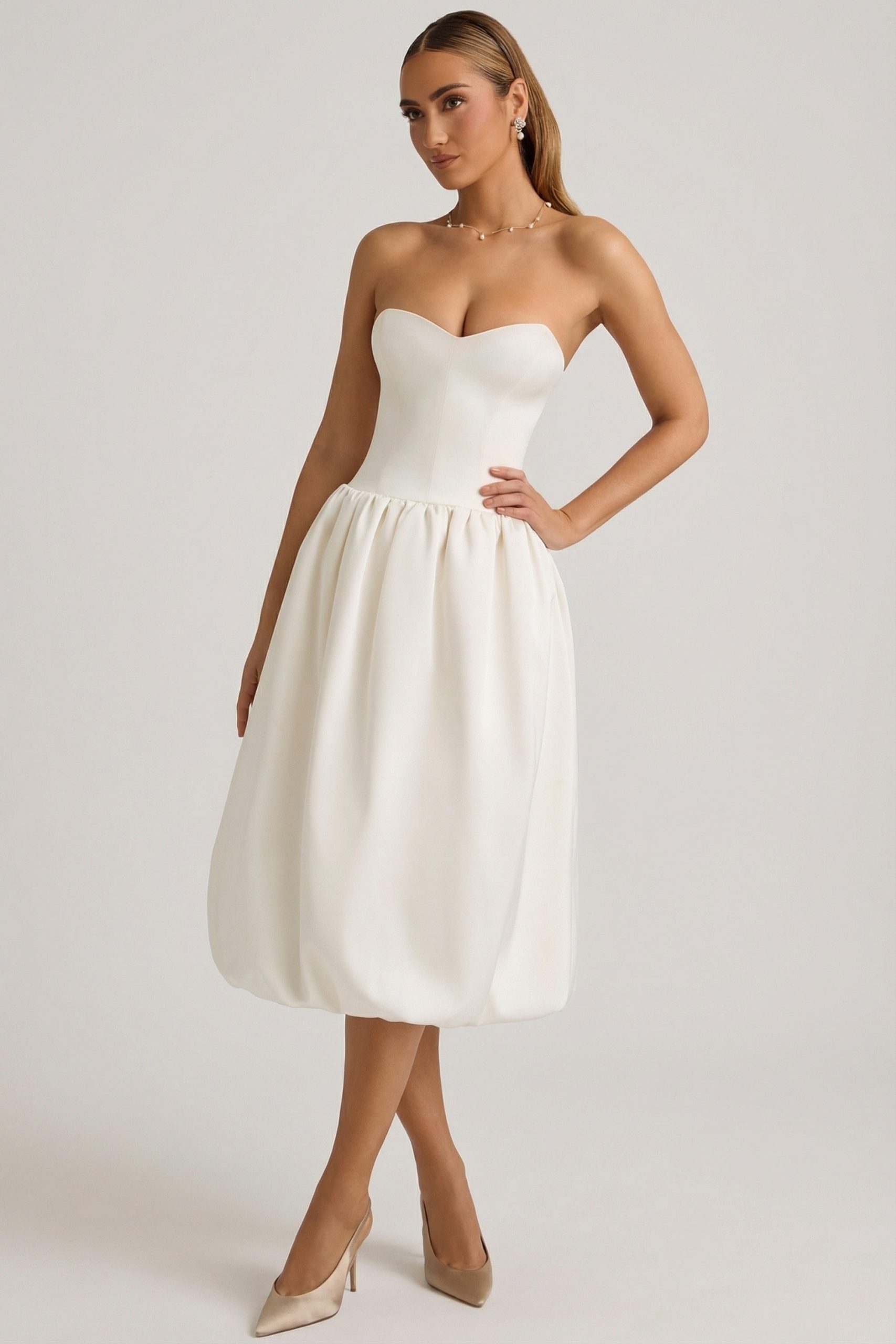 Convertible Bow-Detail Bubble Hem Midaxi Dress in Ivory - Image 5