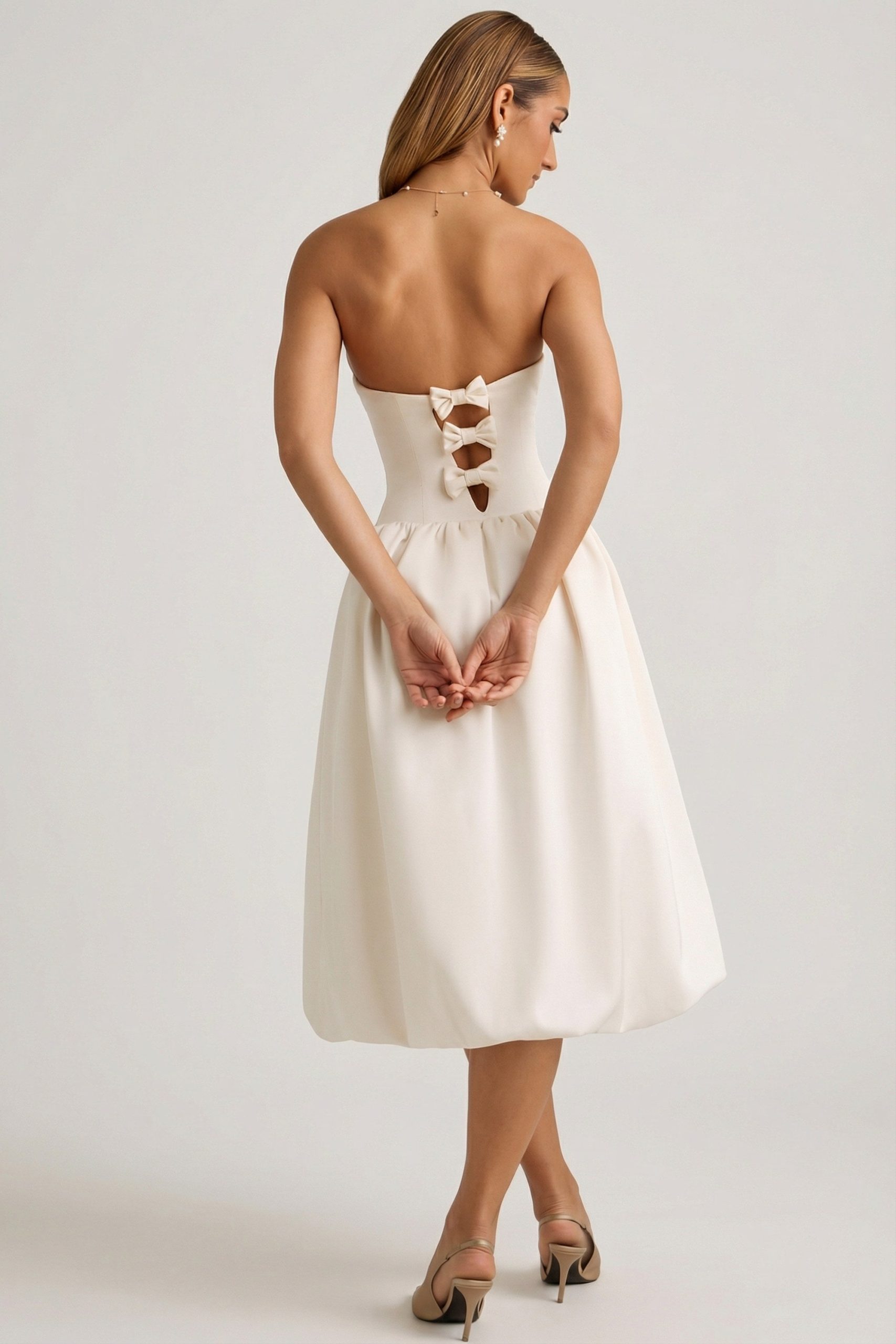 Convertible Bow-Detail Bubble Hem Midaxi Dress in Ivory - Image 6