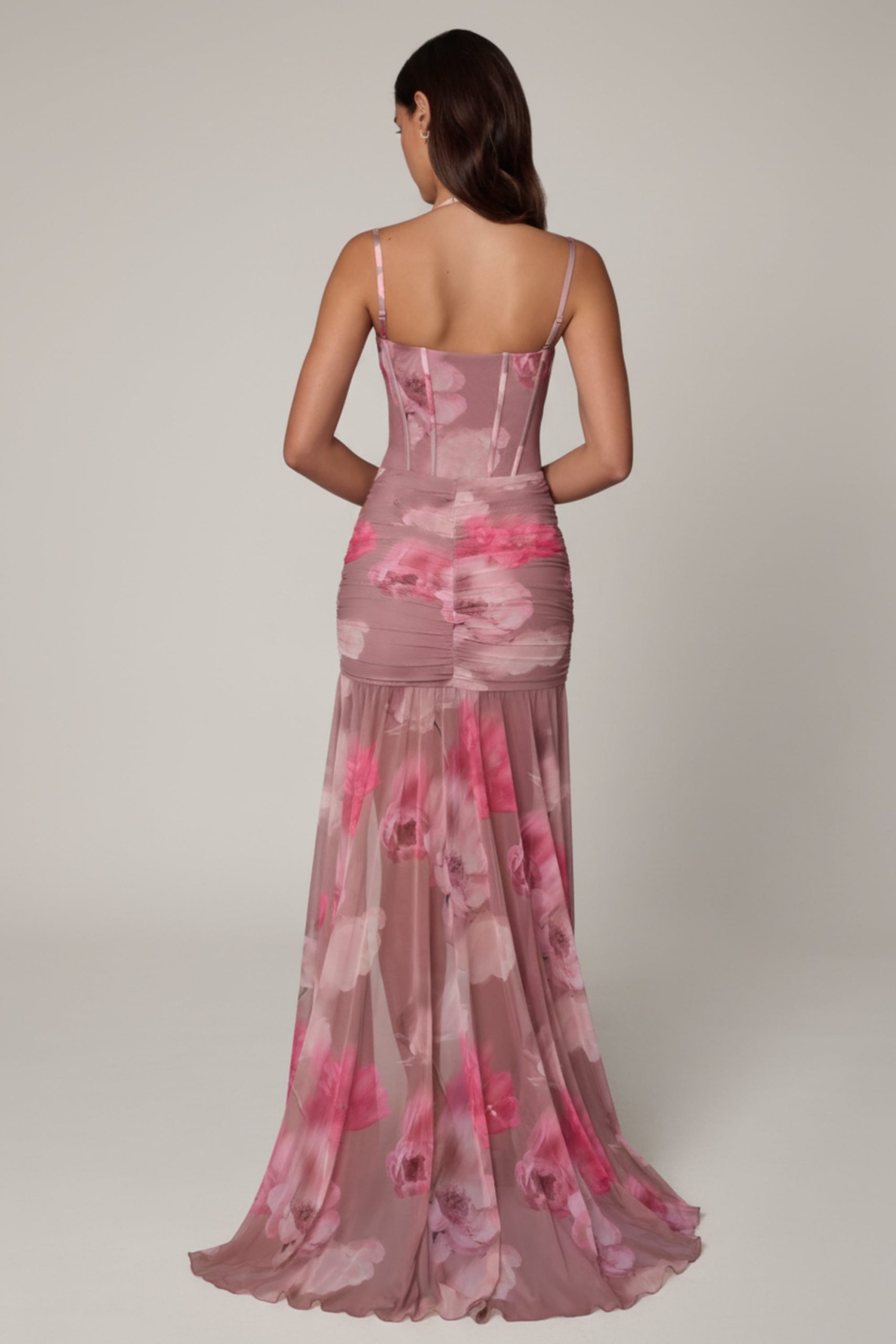 Ruched Asymmetric Corset Gown in Blurred Floral - Image 6