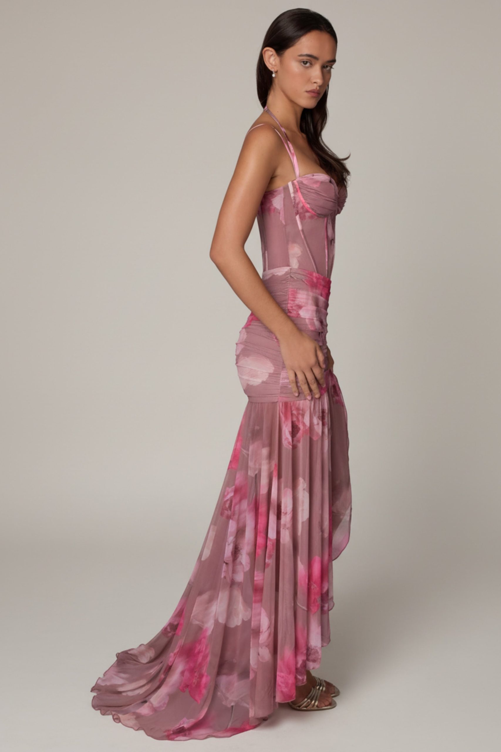 Ruched Asymmetric Corset Gown in Blurred Floral - Image 7