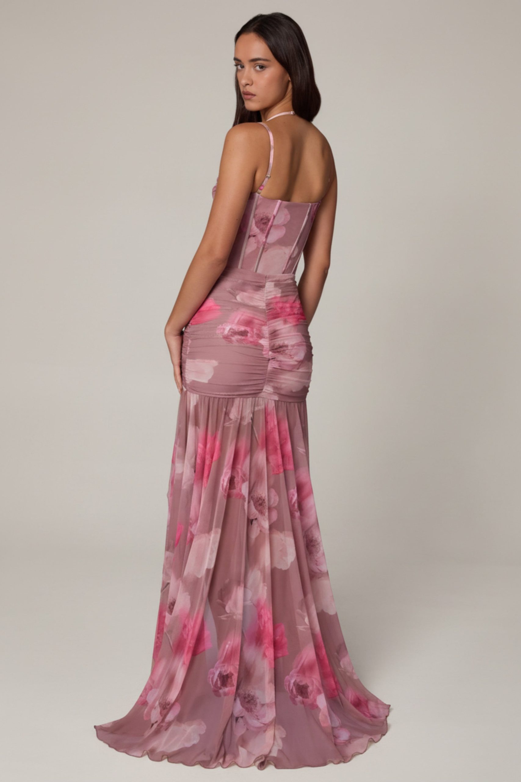 Ruched Asymmetric Corset Gown in Blurred Floral - Image 2