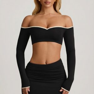 Modal Contrast-Trim Crop Top in Black