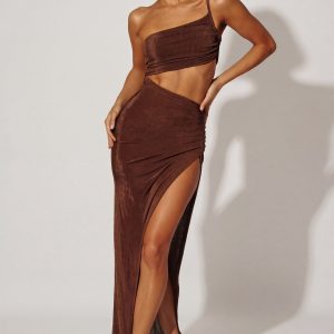 One Shoulder Cut Out Maxi Dress in Brown