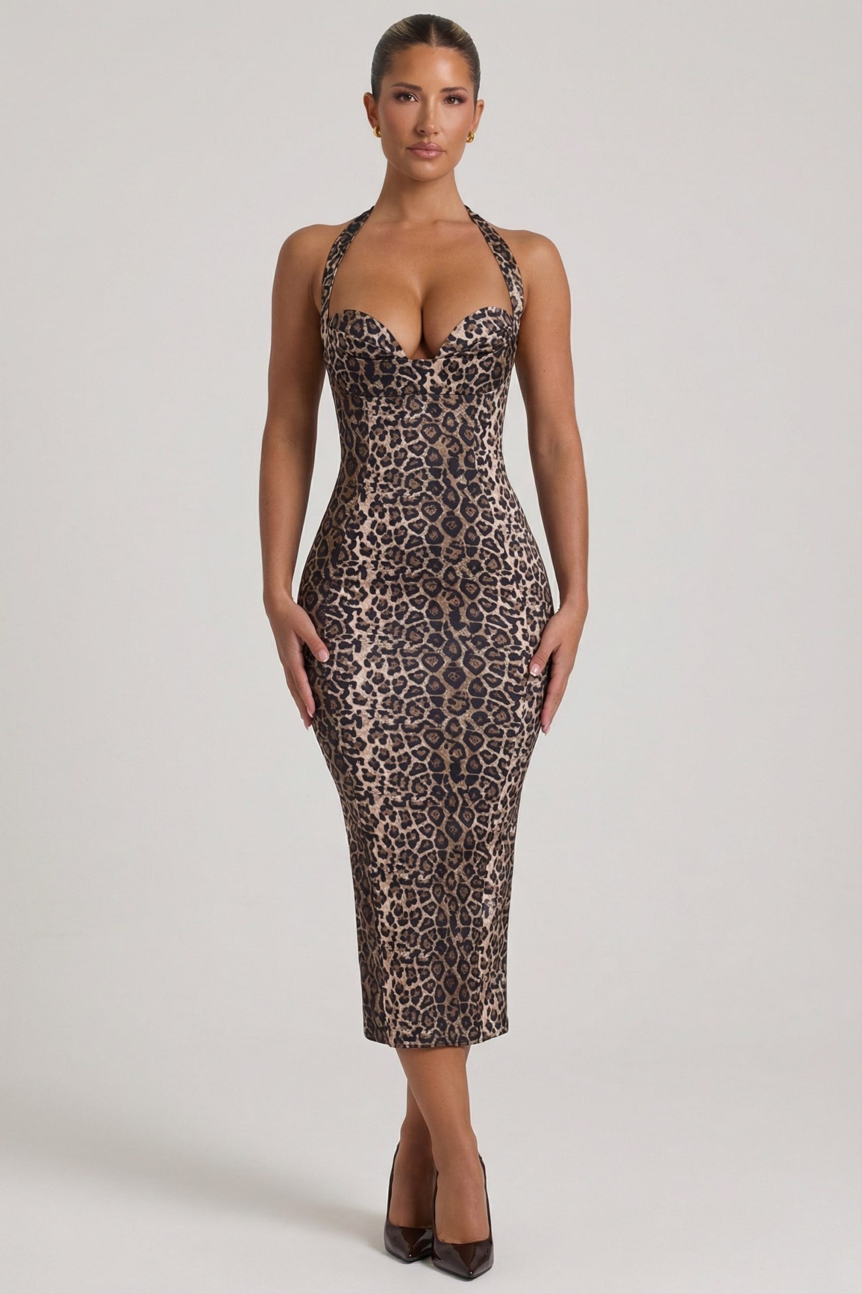 Layered Halterneck Bodycon Midi Dress in Leopard Print - Image 6