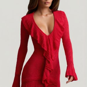 Ruffle-Trim Pointelle-Knit Mini Dress in Scarlet Red