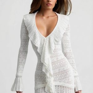 Ruffle-Trim Pointelle-Knit Mini Dress in White