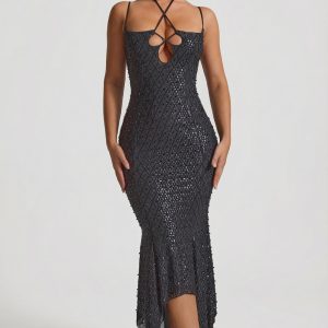 Embellished Cut-Out Asymmetric Midaxi Dress in Black