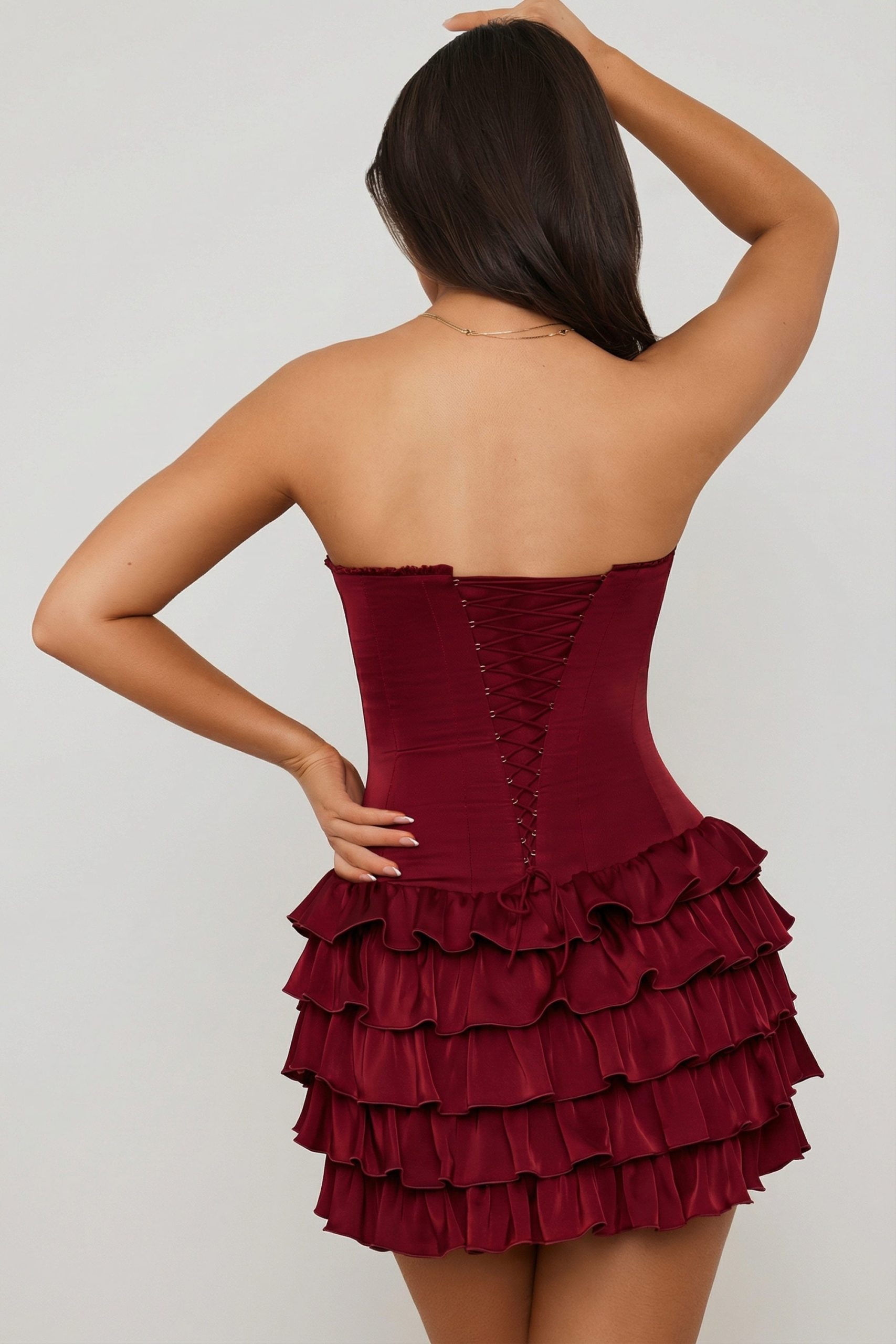 Bandeau Ruffled Tiered Corset Mini Dress in Berry Red - Image 2