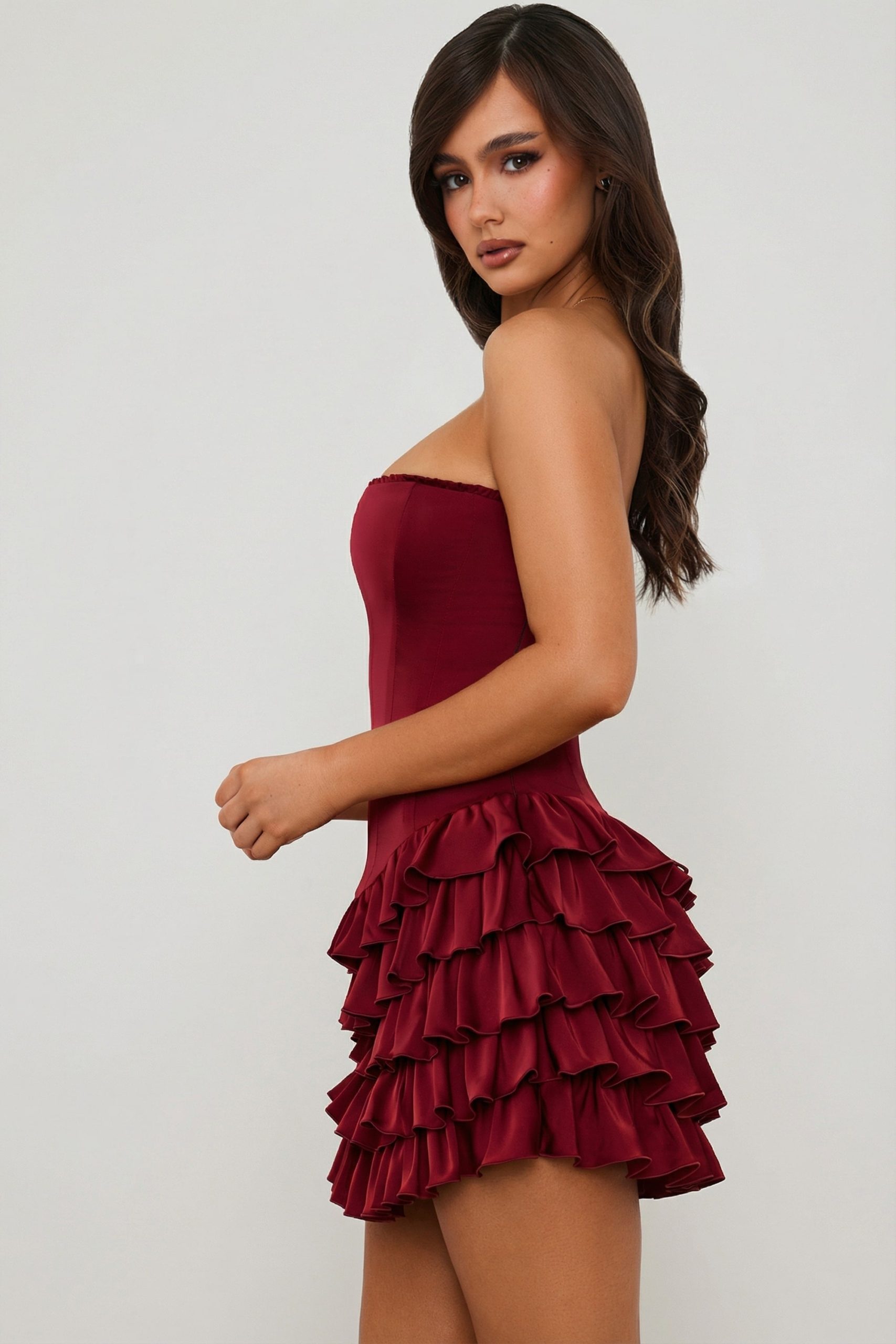 Bandeau Ruffled Tiered Corset Mini Dress in Berry Red - Image 3