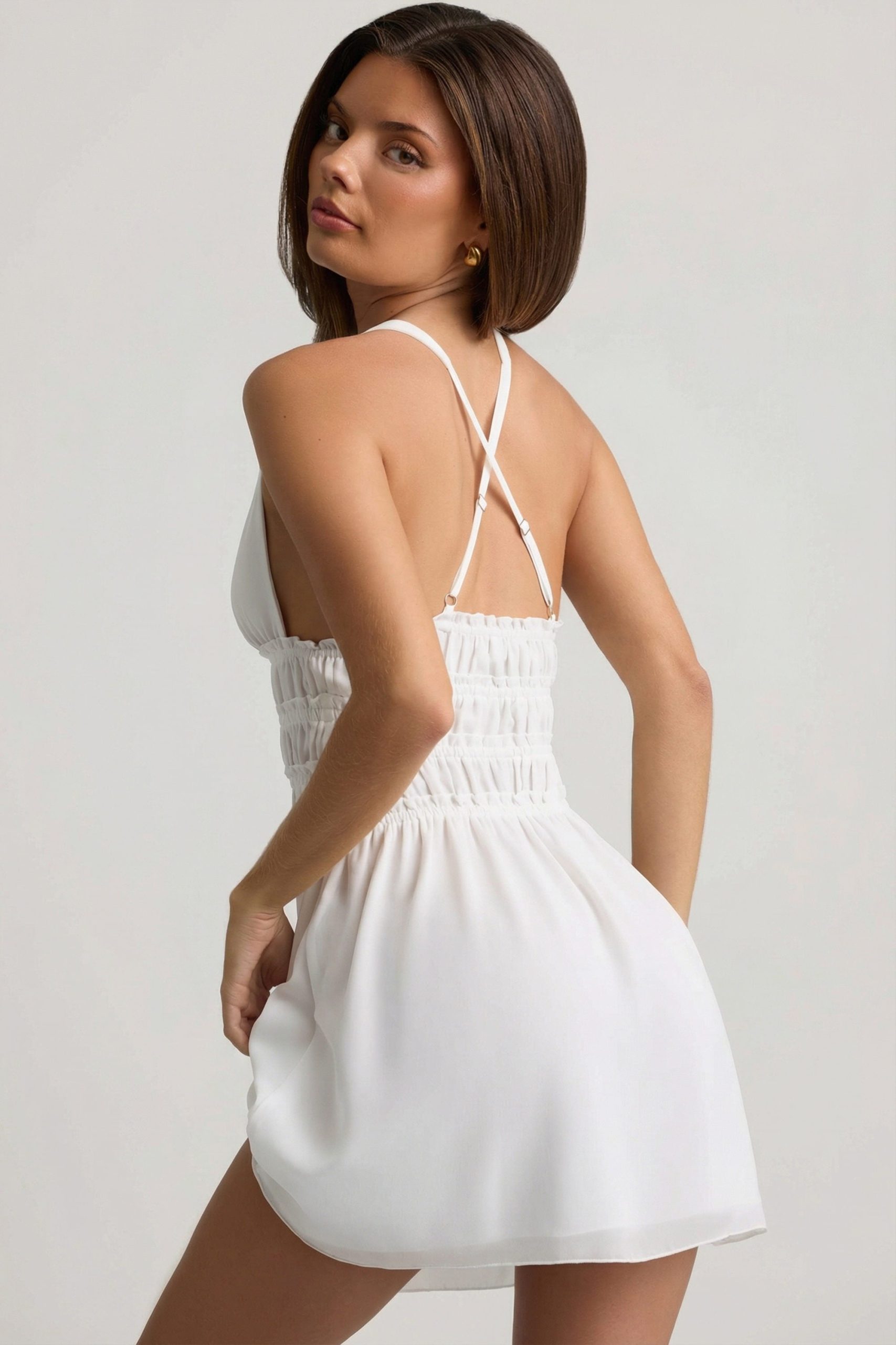 Plunge Cross-Back Mini Dress in White - Image 2