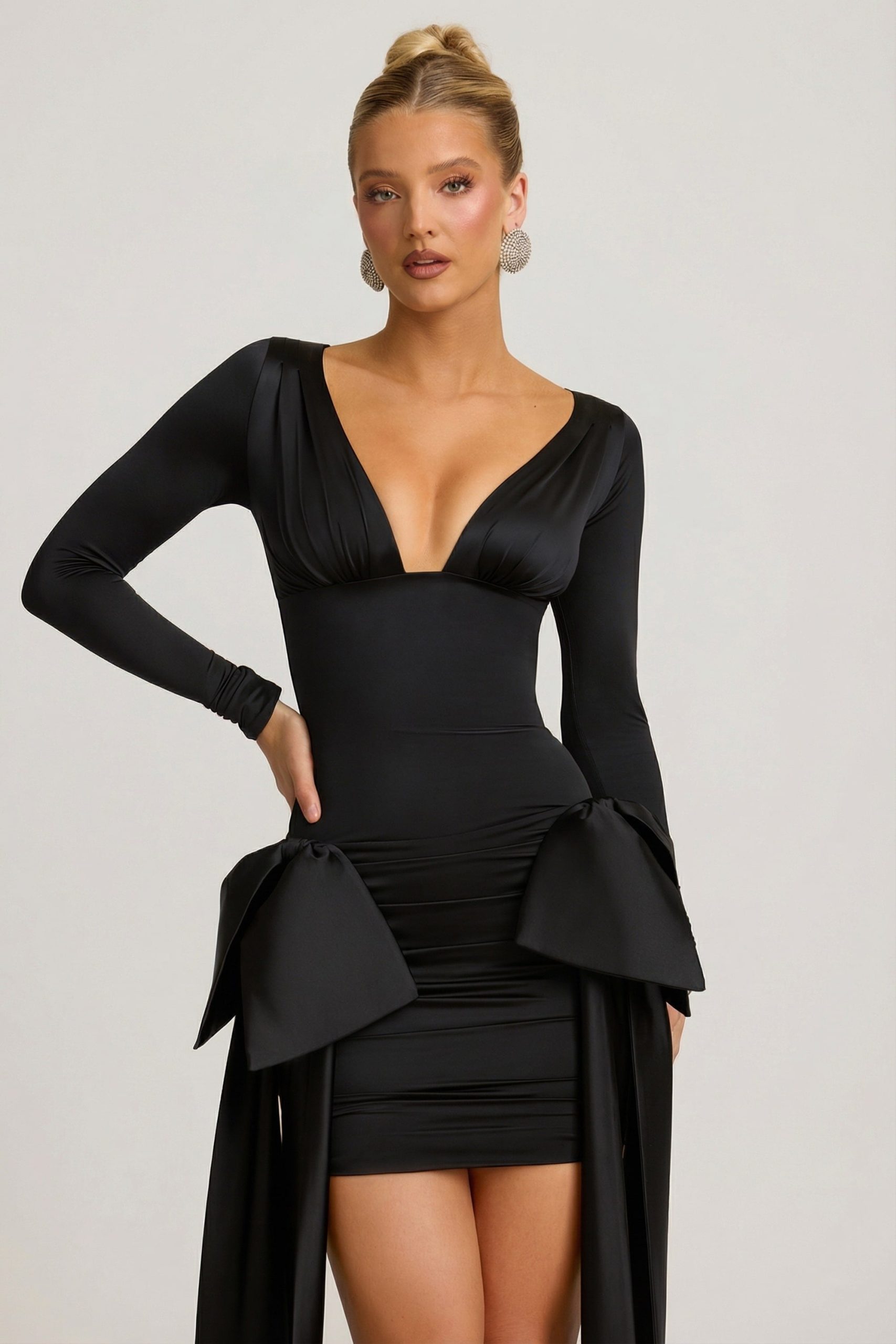 Bow-Detail Ruched Mini Dress in Black - Image 3