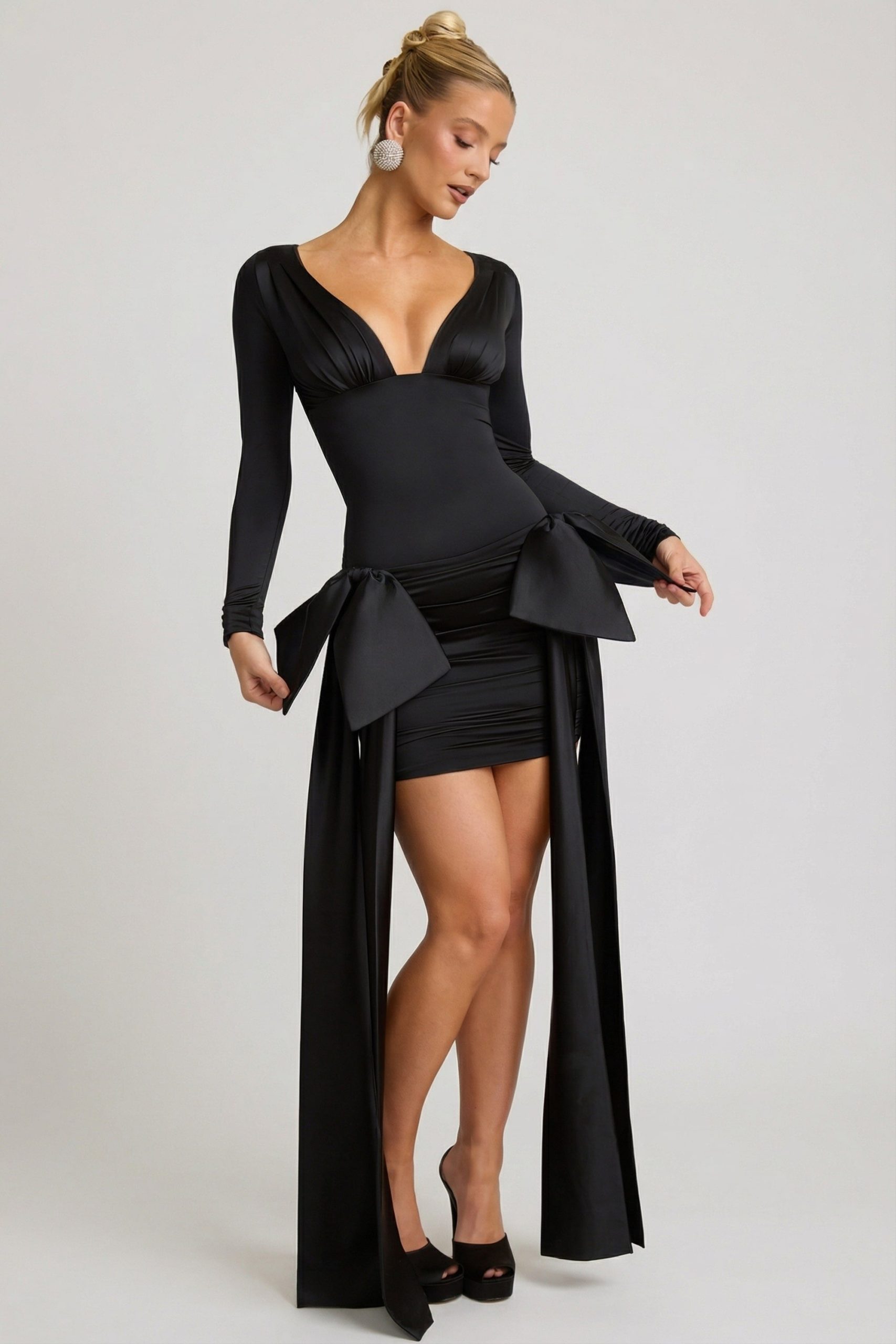 Bow-Detail Ruched Mini Dress in Black - Image 8