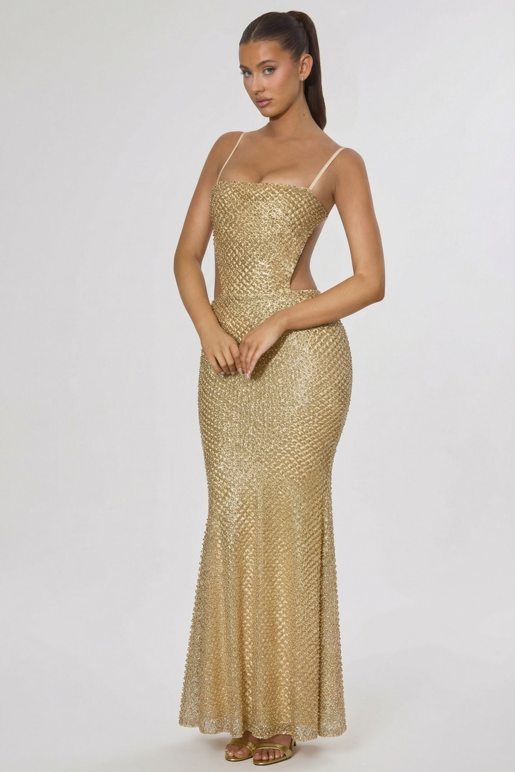 Embellished Cut-Out Gown in Gold - Image 9