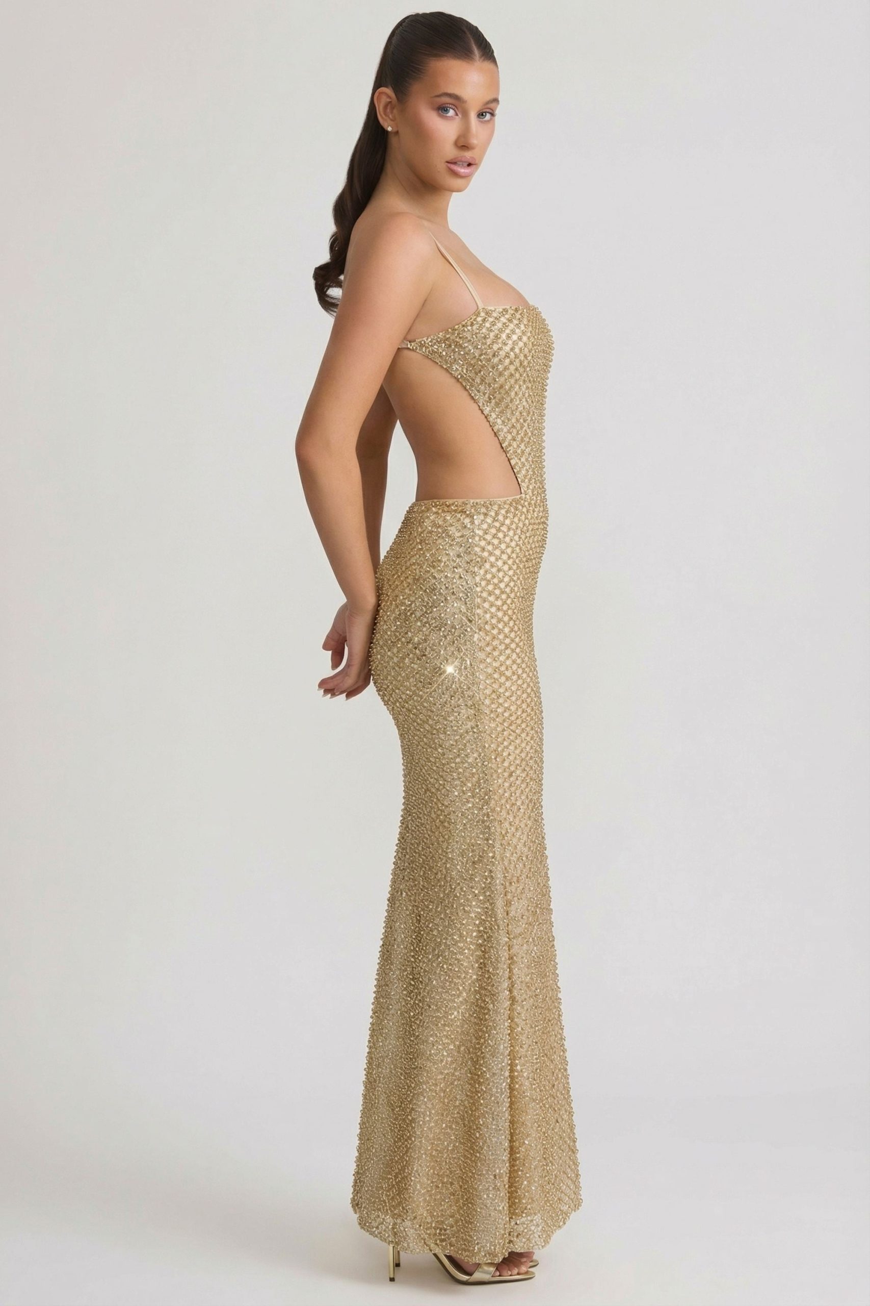 Embellished Cut-Out Gown in Gold - Image 3