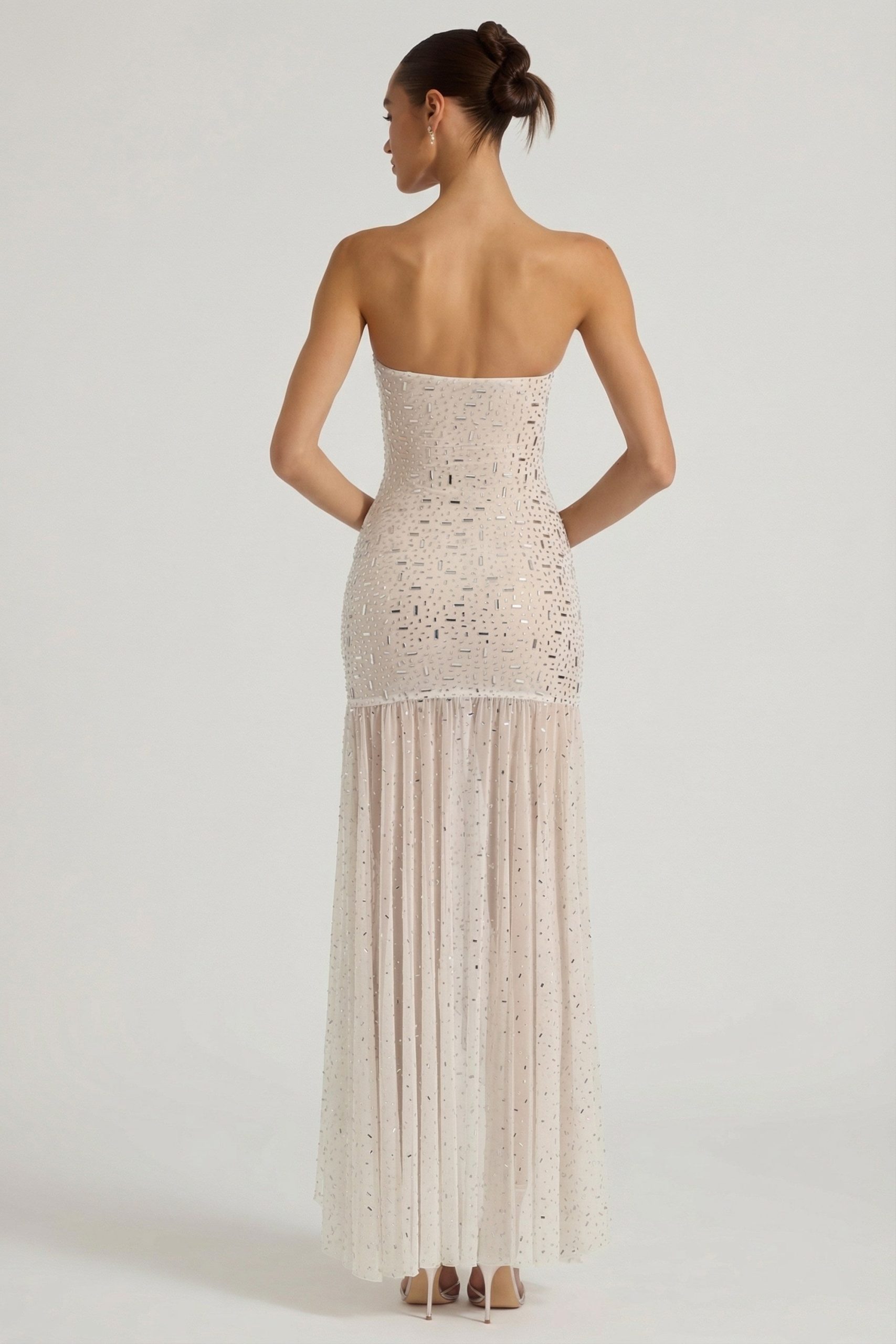 Semi-Sheer Embellished Asymmetric Maxi Dress in White - Image 2