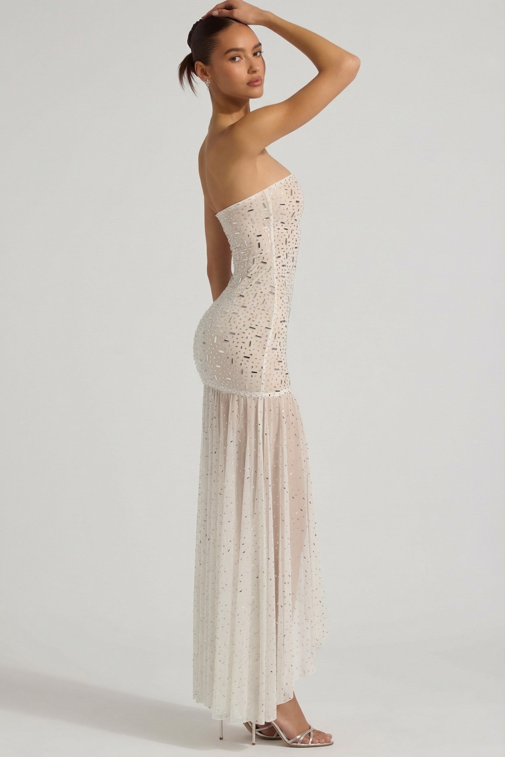 Semi-Sheer Embellished Asymmetric Maxi Dress in White - Image 5