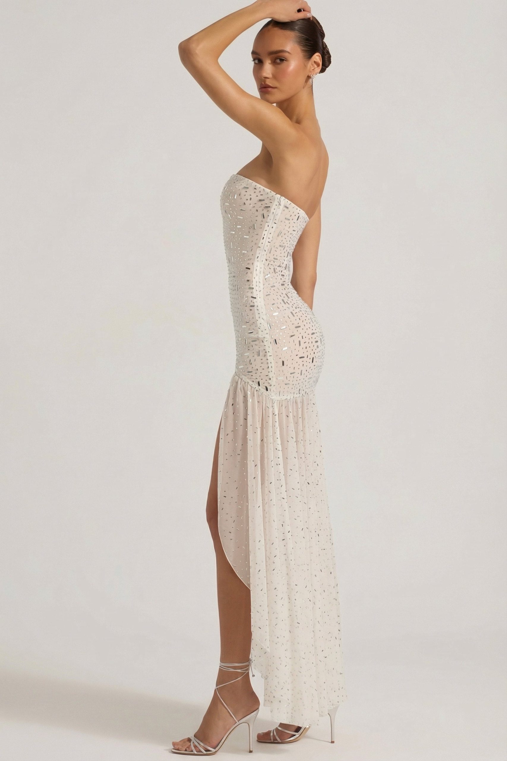 Semi-Sheer Embellished Asymmetric Maxi Dress in White - Image 6