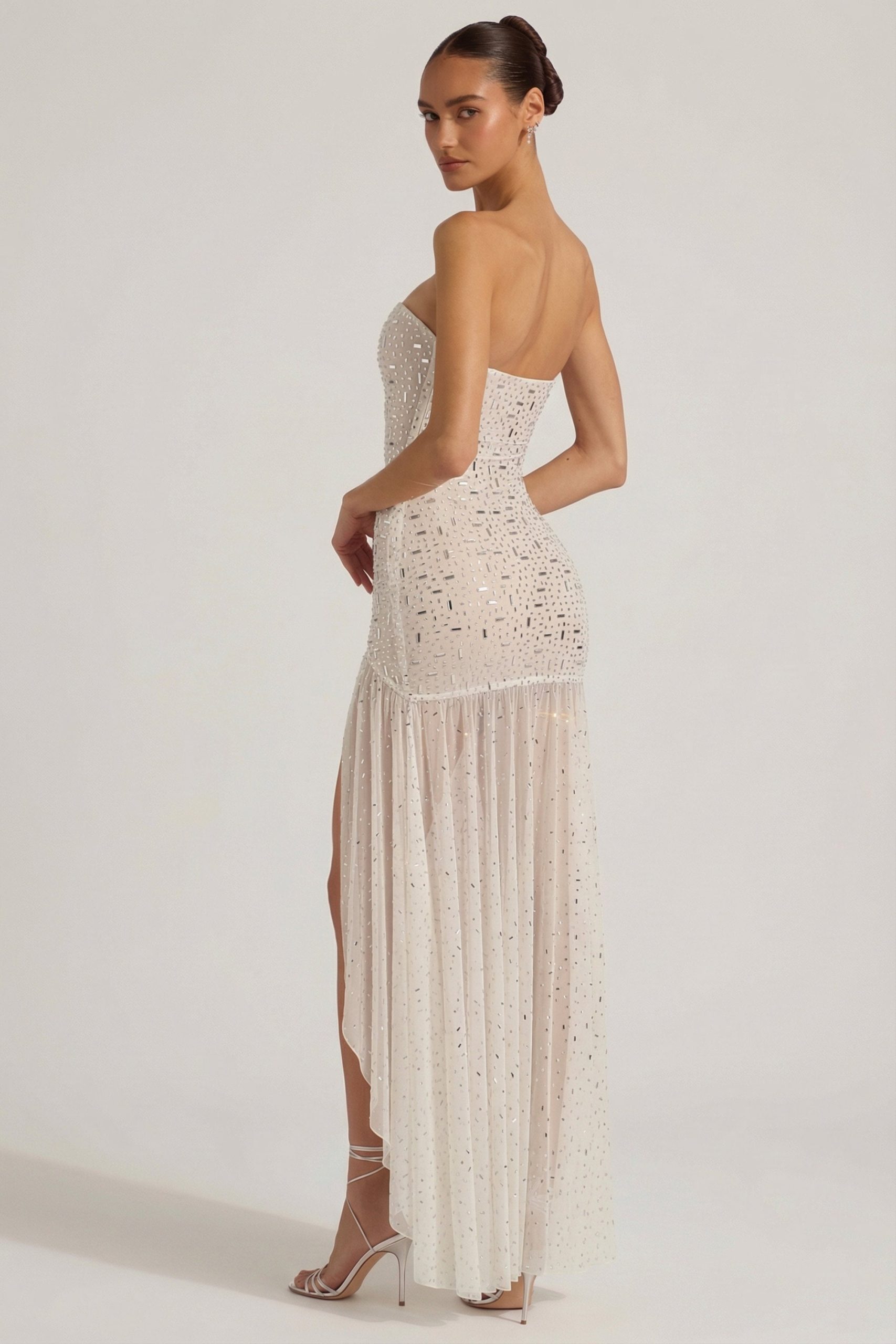 Semi-Sheer Embellished Asymmetric Maxi Dress in White - Image 7