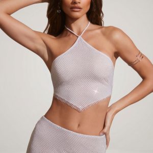 Embellished Open Back Crop Top in Silver