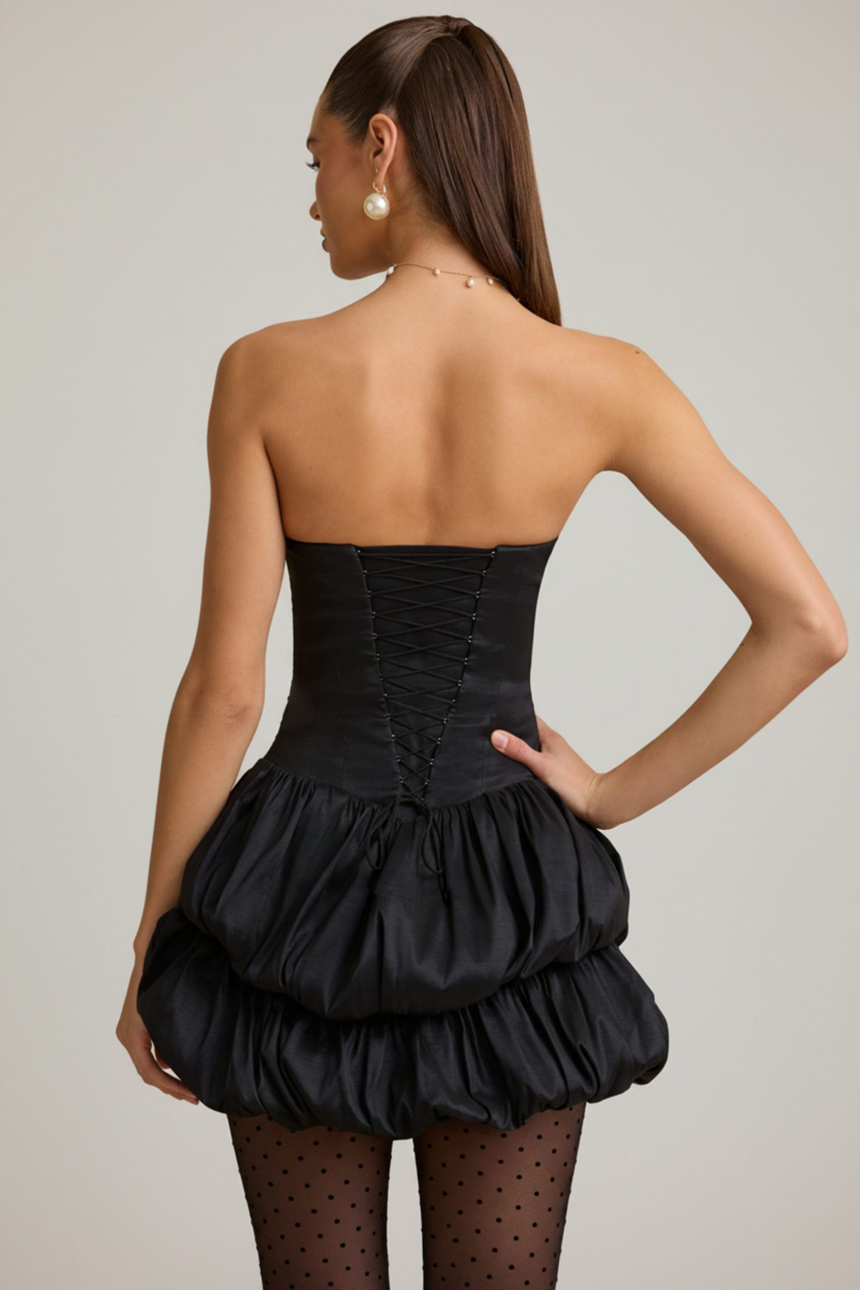Satin Bubble Hem Corset Mini Dress in Black - Image 2