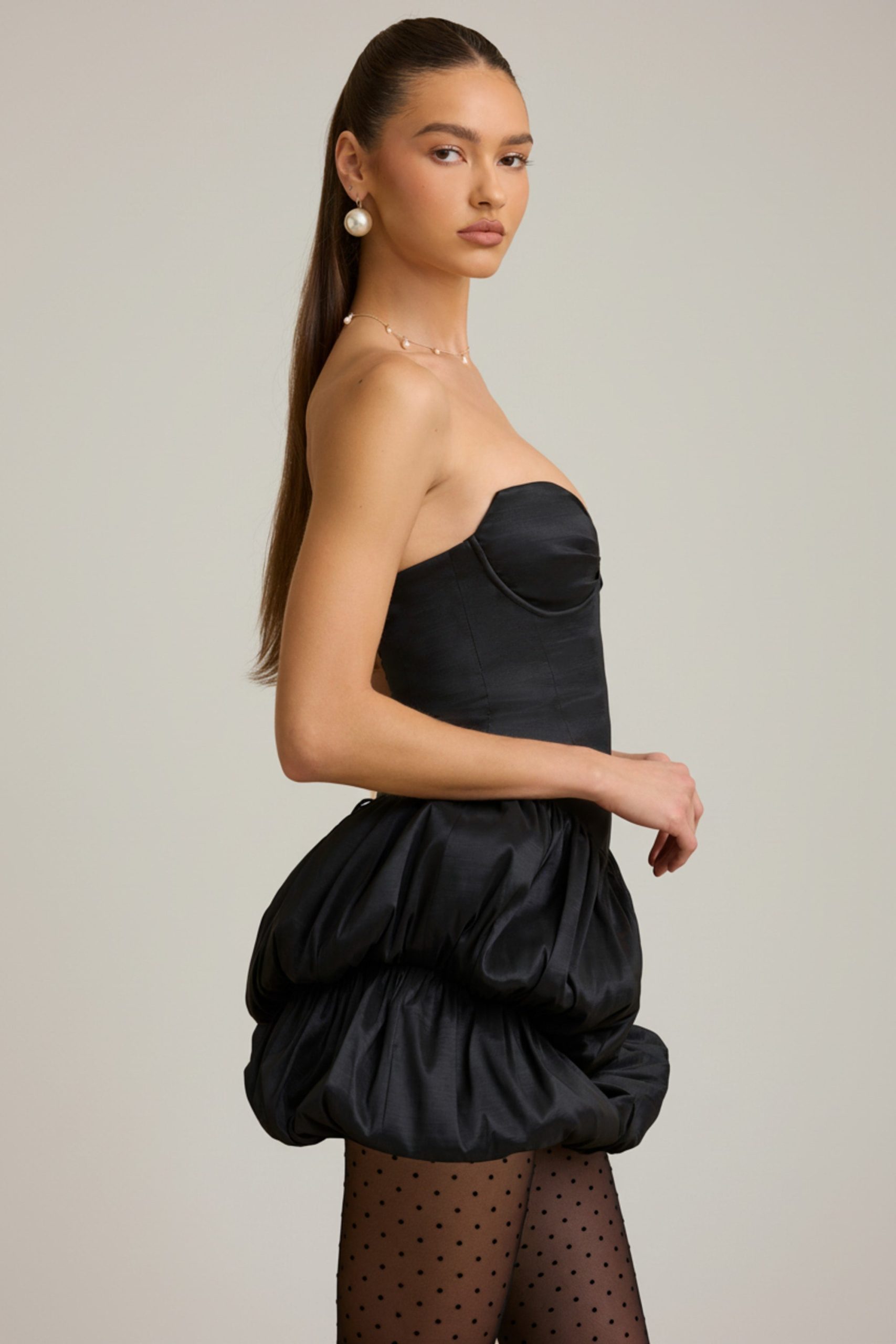 Satin Bubble Hem Corset Mini Dress in Black - Image 3