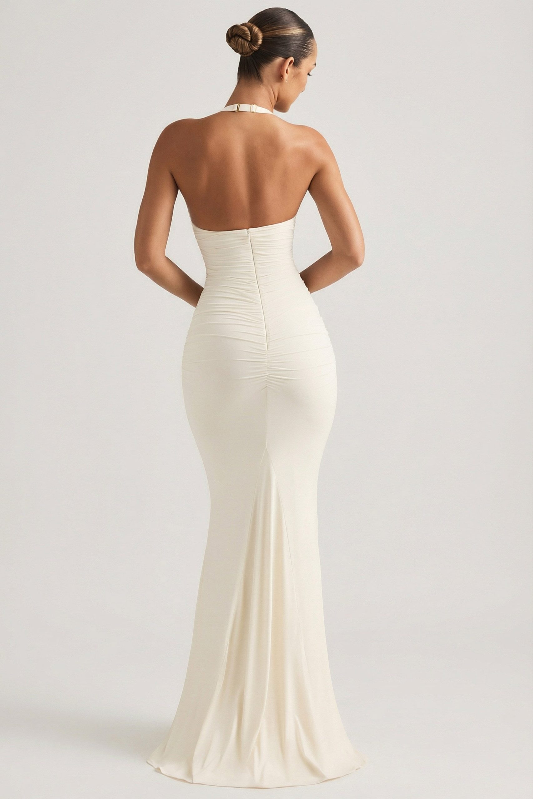 Ruched Backless Halterneck Gown in Ivory - Image 2