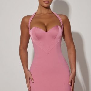 Heart-Detail Halterneck A-Line Mini Dress in Dusty Pink