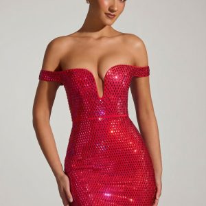Embellished Off-Shoulder Mini Dress in Crimson Red