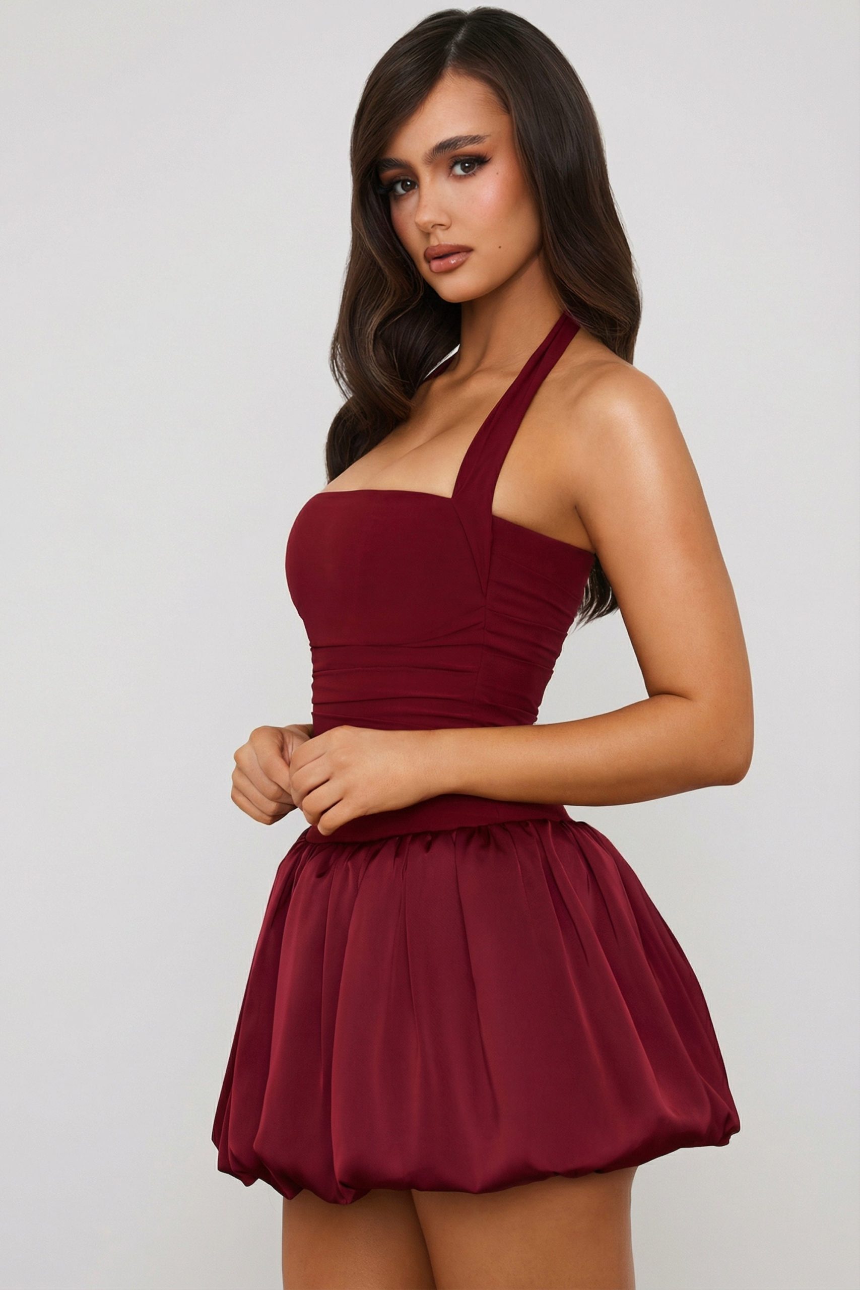Halterneck Lace-Up Bubble Hem Corset Micro Mini Dress in Berry Red - Image 4
