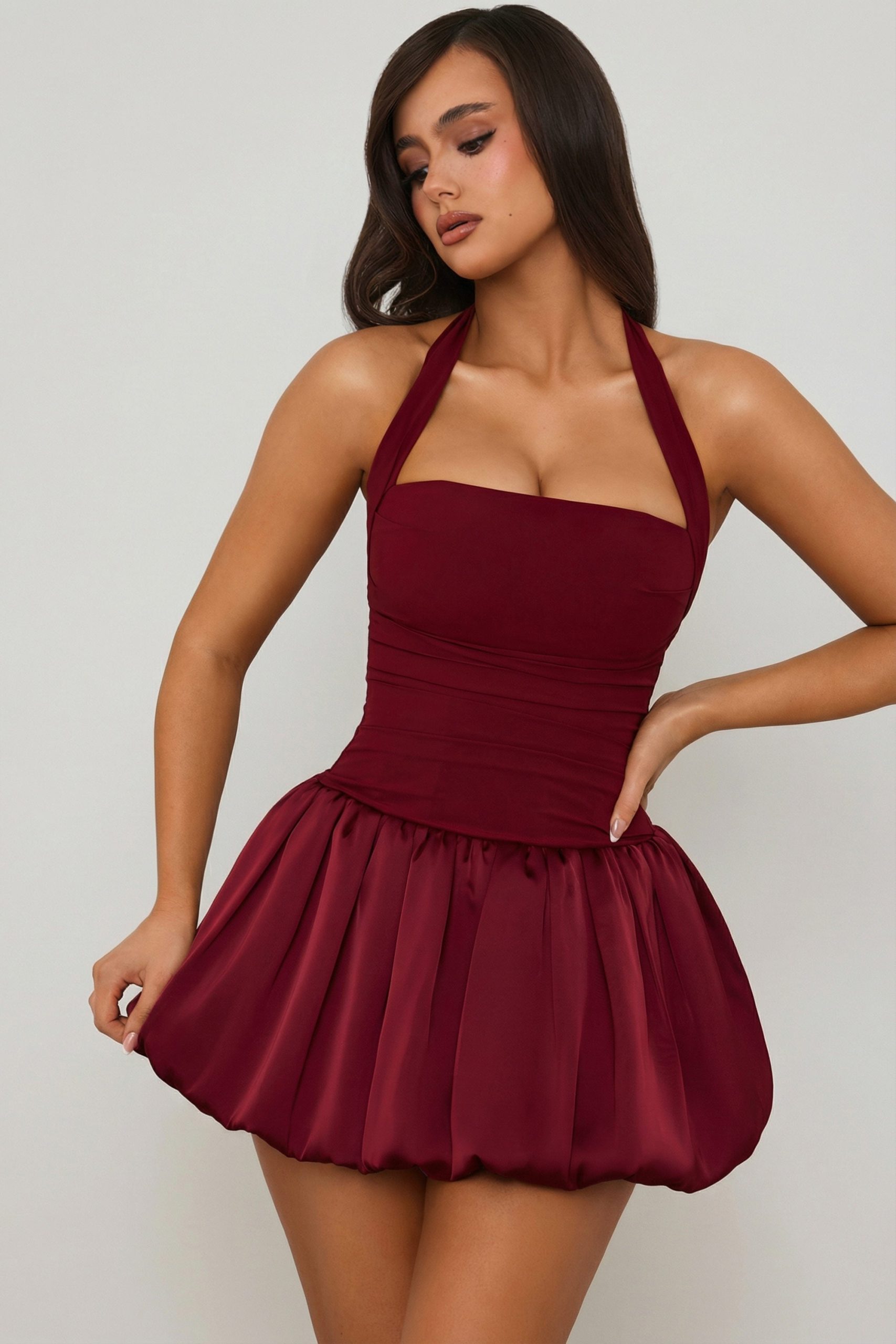 Halterneck Lace-Up Bubble Hem Corset Micro Mini Dress in Berry Red - Image 6