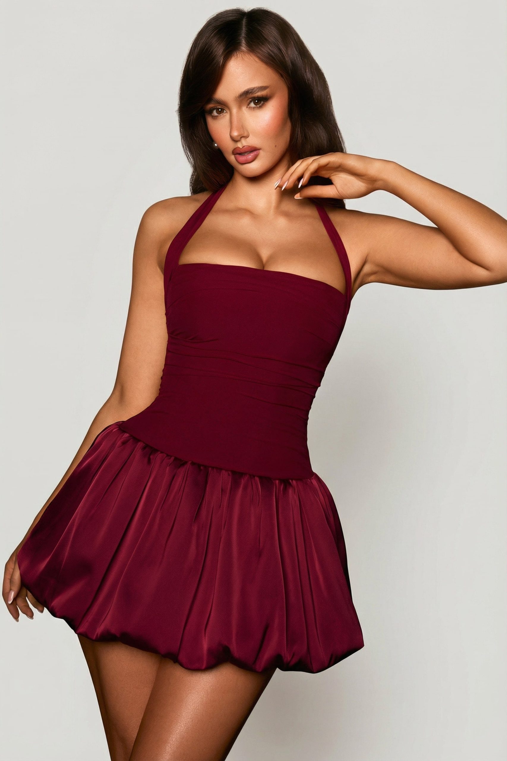 Halterneck Lace-Up Bubble Hem Corset Micro Mini Dress in Berry Red - Image 7