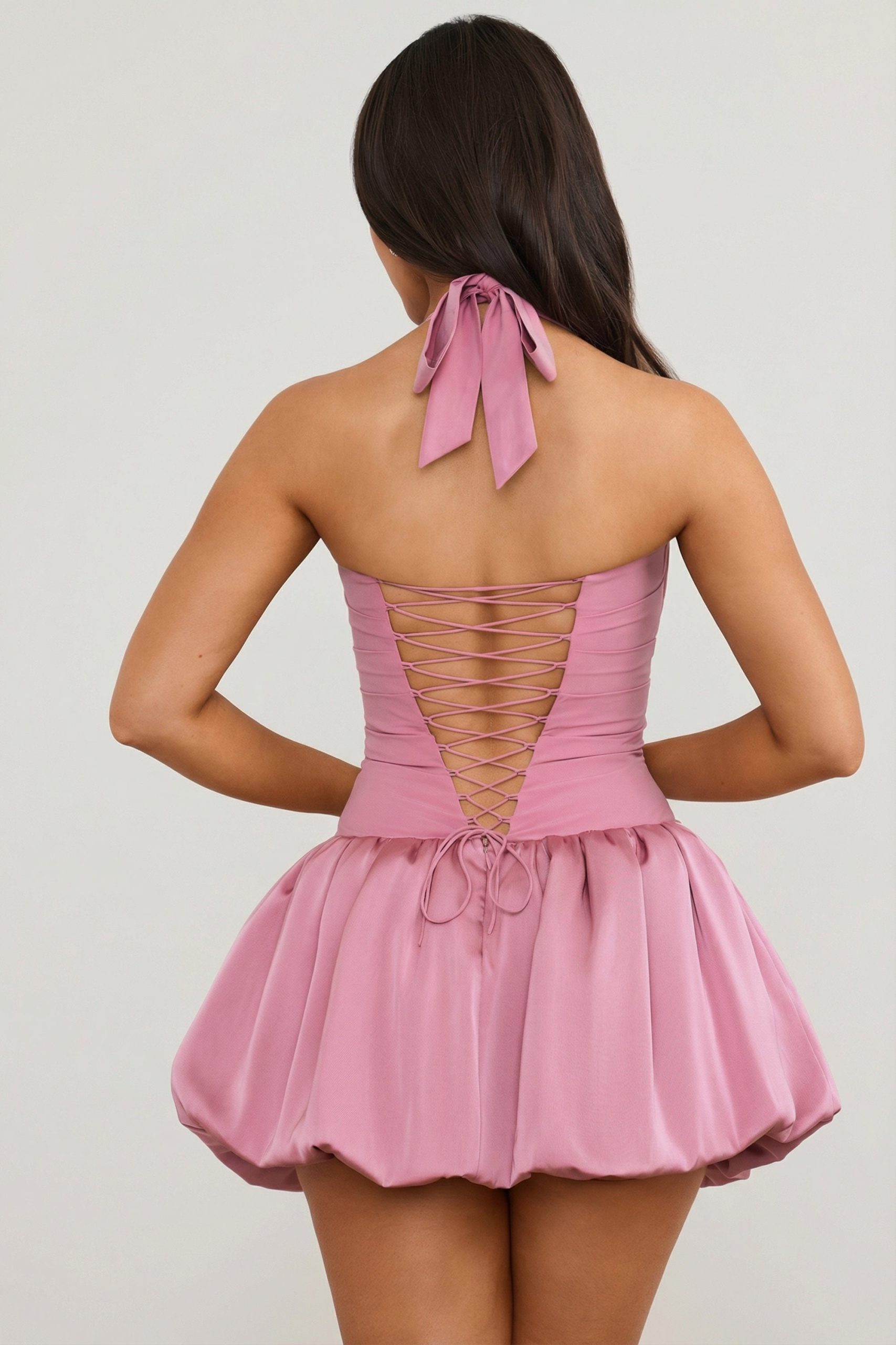 Halterneck Lace-Up Bubble Hem Corset Micro Mini Dress in Mauve - Image 2