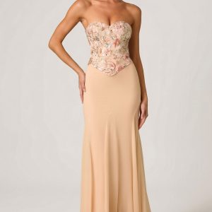 Embellished Corset Fishtail Gown in Floral Beige
