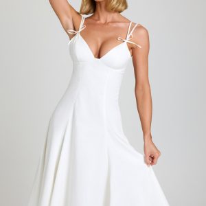 Bow-Detail A-Line Midi Dress in White
