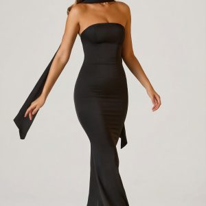 Scarf-Detail Strapless Gown in Black