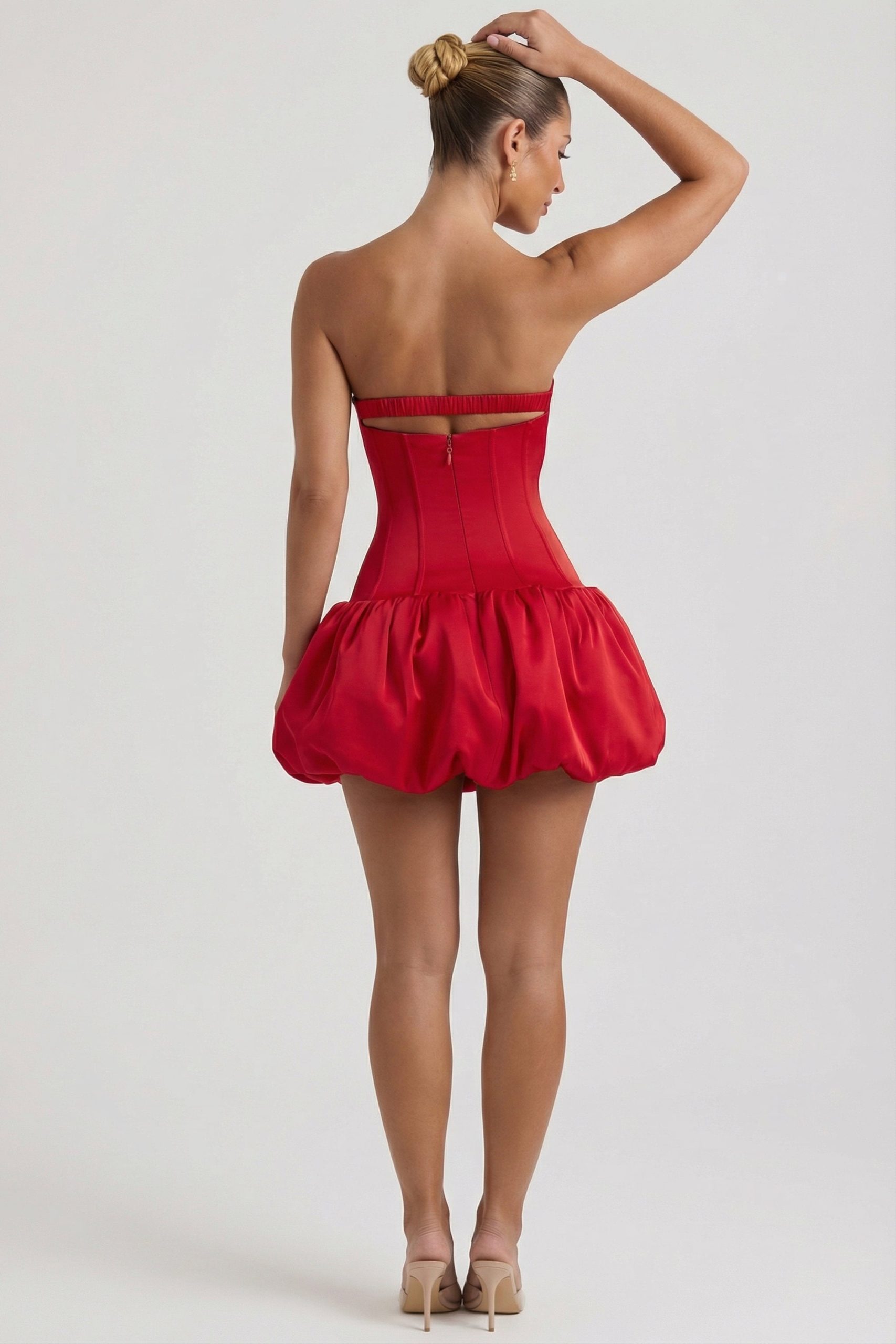 Cut-Out Bubble Hem Corset Mini Dress in Red - Image 5