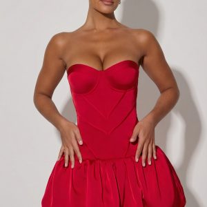 Cut-Out Bubble Hem Corset Mini Dress in Red