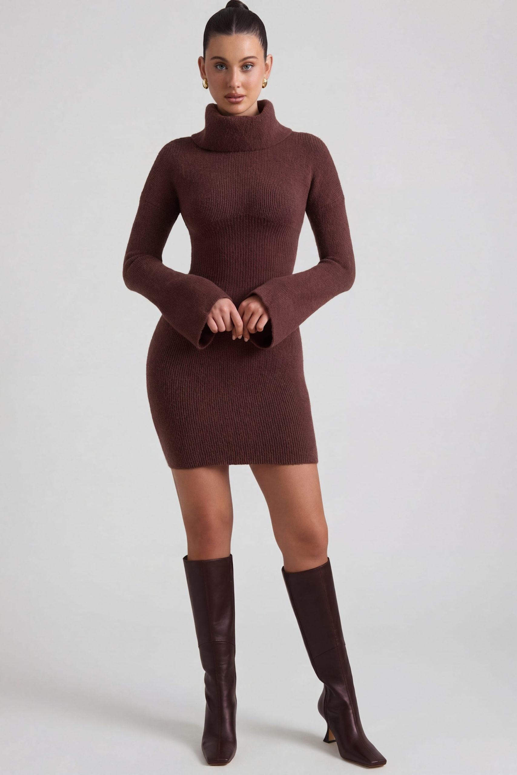 Ribbed-Knit Turtleneck Mini Jumper Dress in Espresso - Image 6