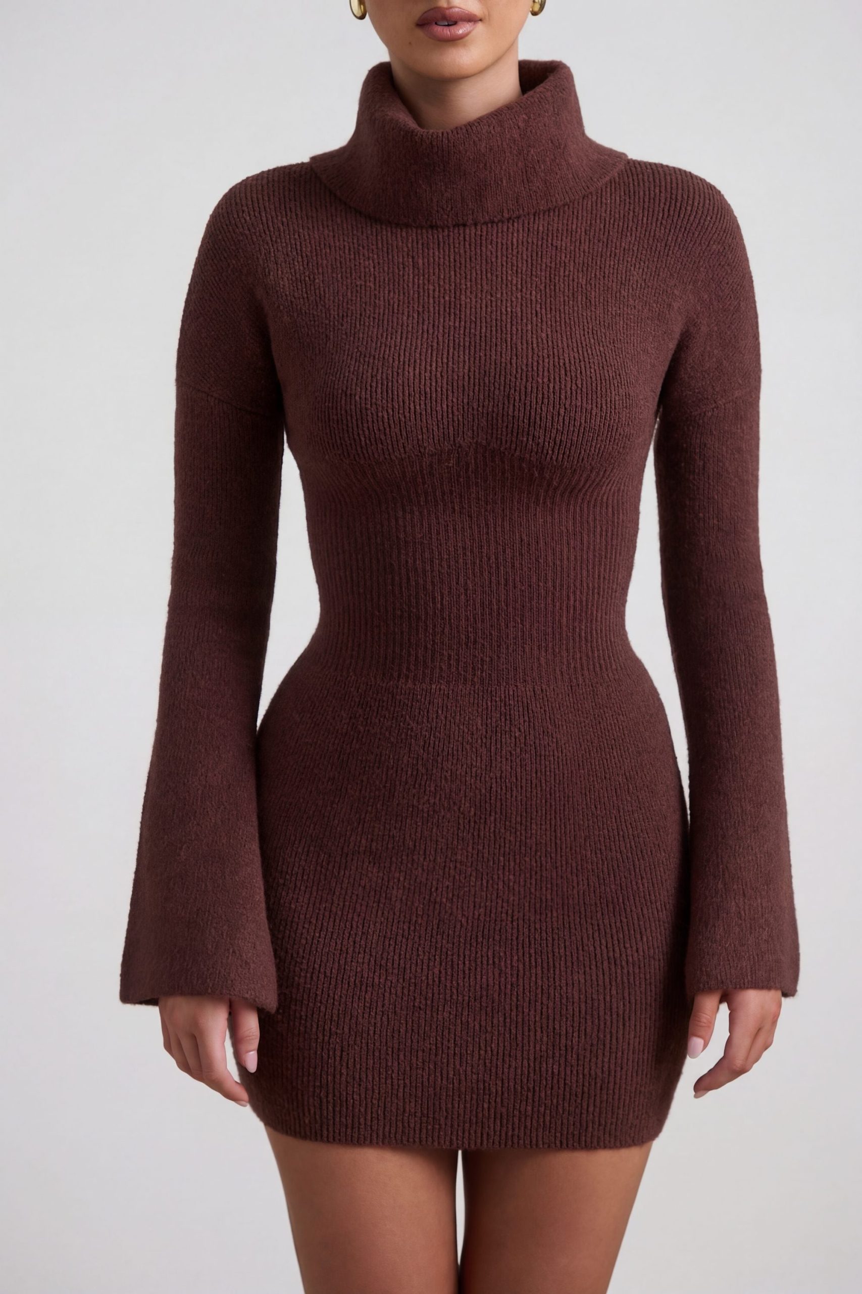 Ribbed-Knit Turtleneck Mini Jumper Dress in Espresso - Image 4