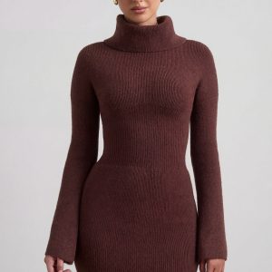 Ribbed-Knit Turtleneck Mini Jumper Dress in Espresso