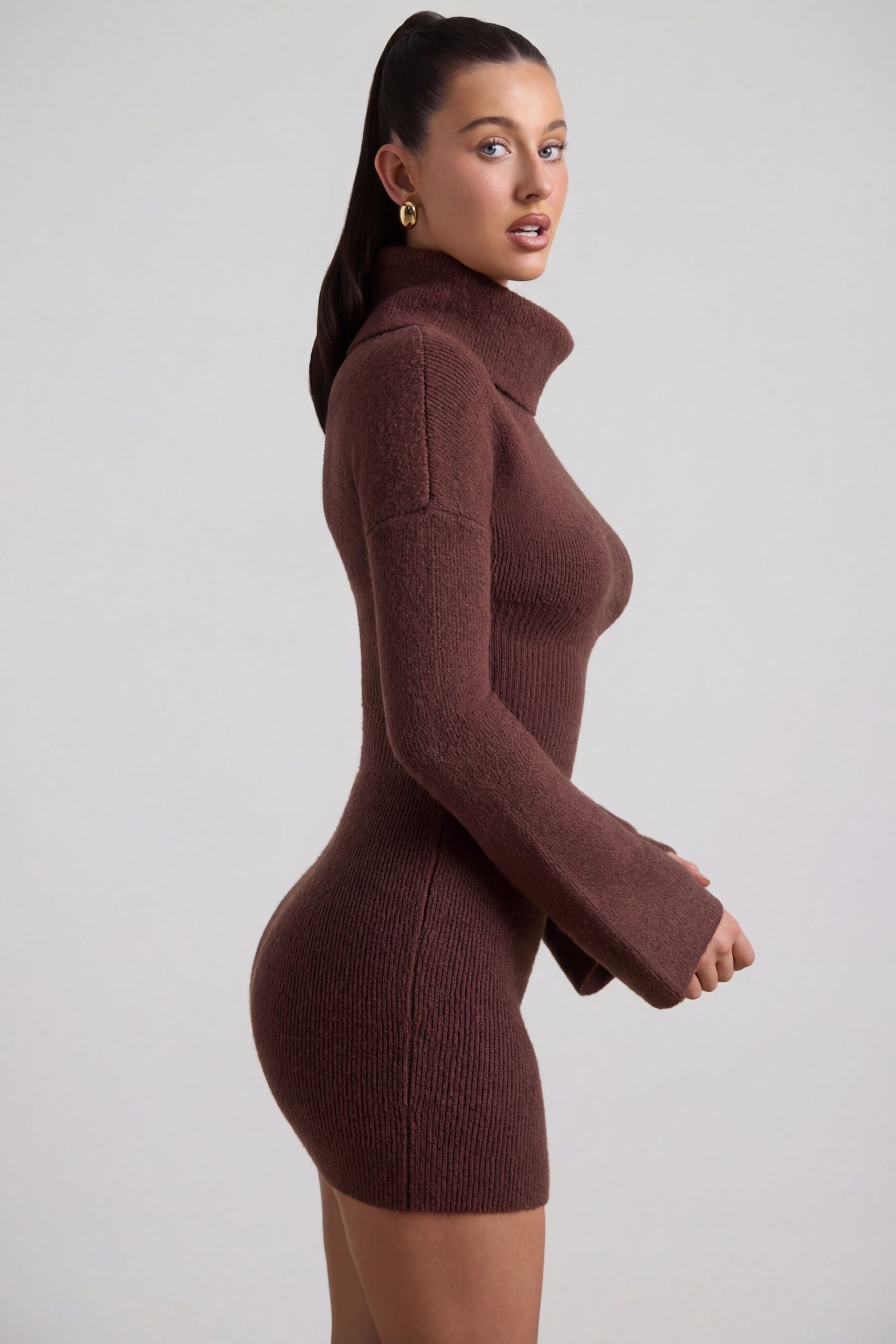 Ribbed-Knit Turtleneck Mini Jumper Dress in Espresso - Image 3
