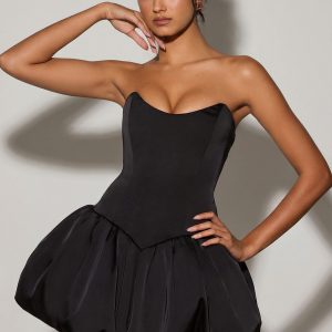 Lace-Up Bubble Hem Corset Micro Mini Dress in Black
