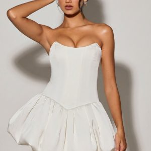 Lace-Up Bubble Hem Corset Micro Mini Dress in White