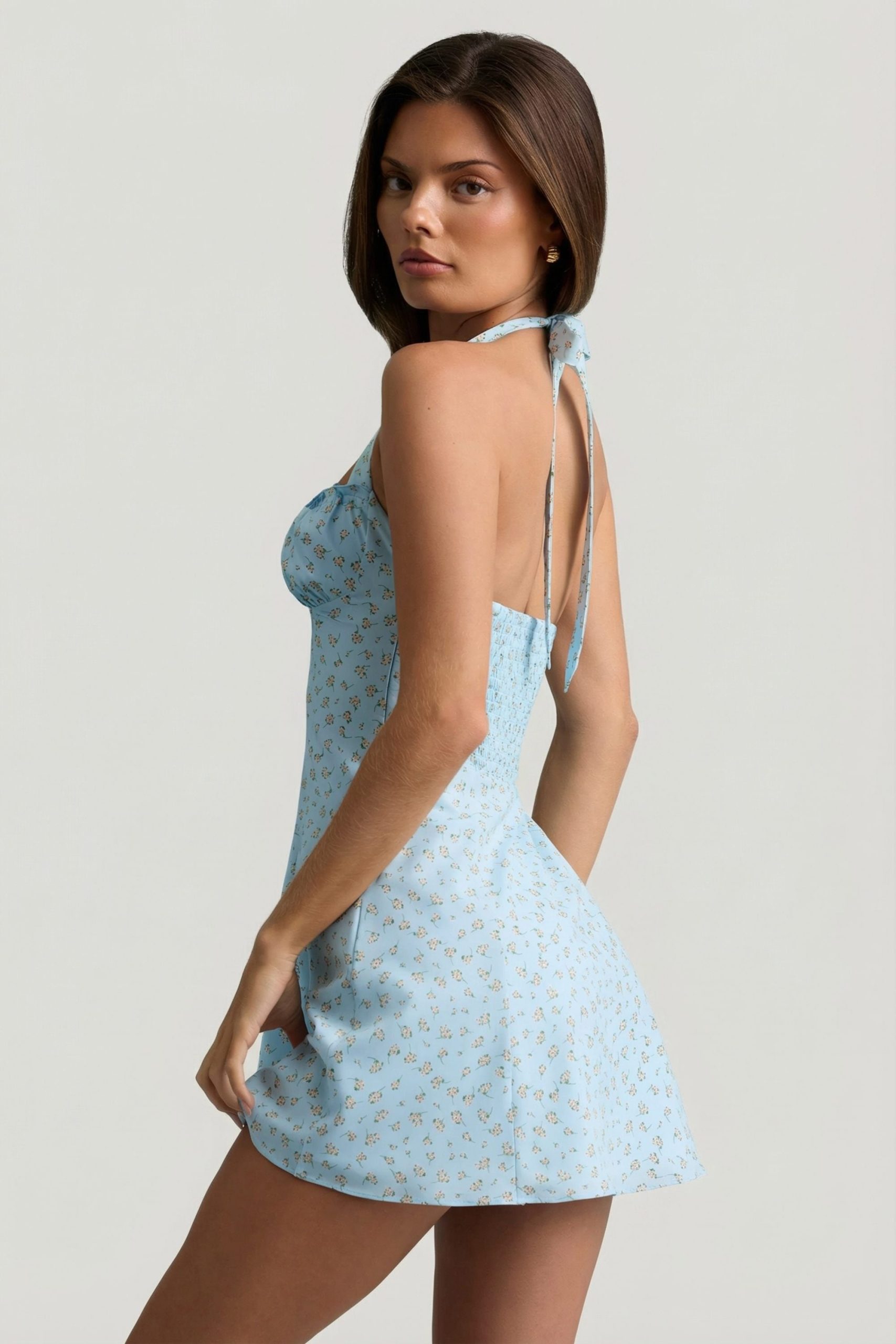 Halterneck A-Line Mini Dress in Blue Flower Print - Image 2