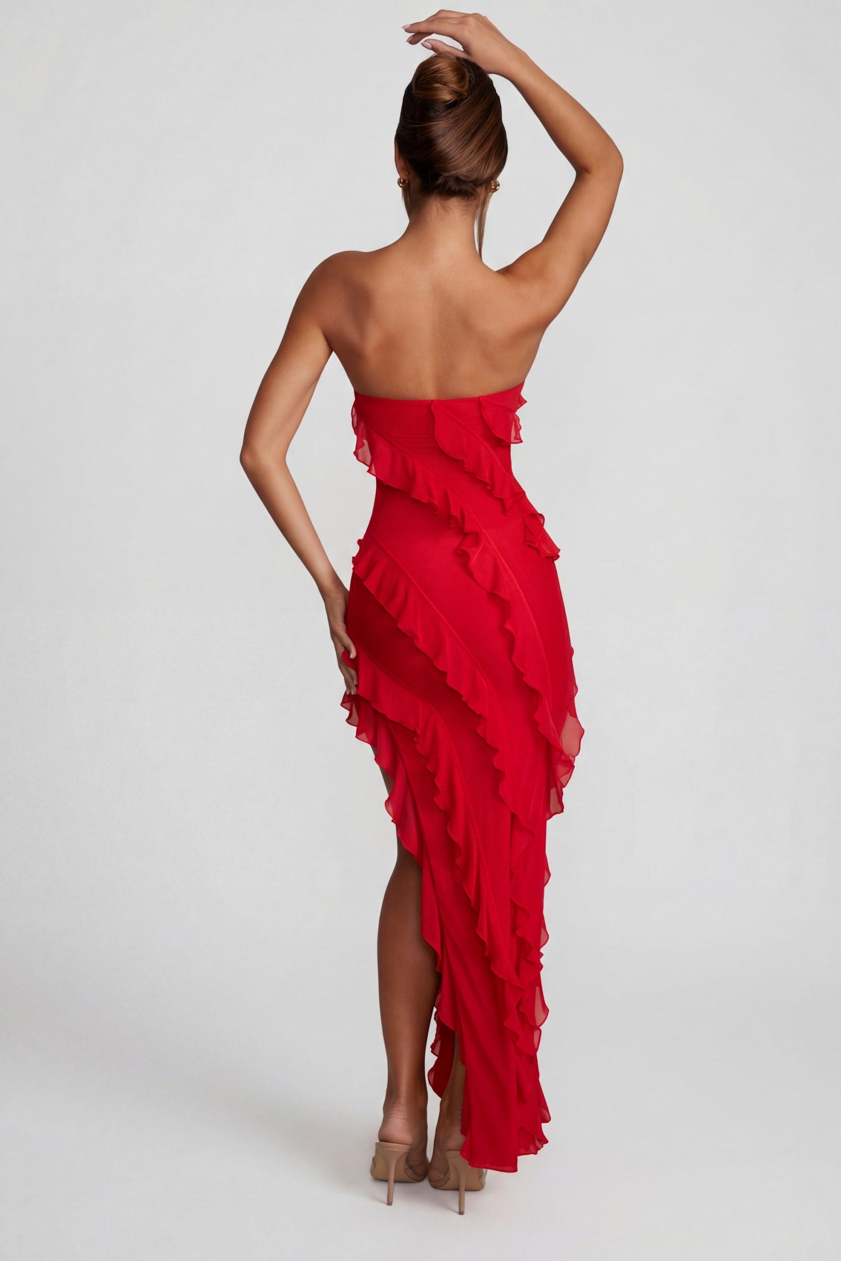 Bandeau Ruffle Detail Maxi Dress in Red - Image 2