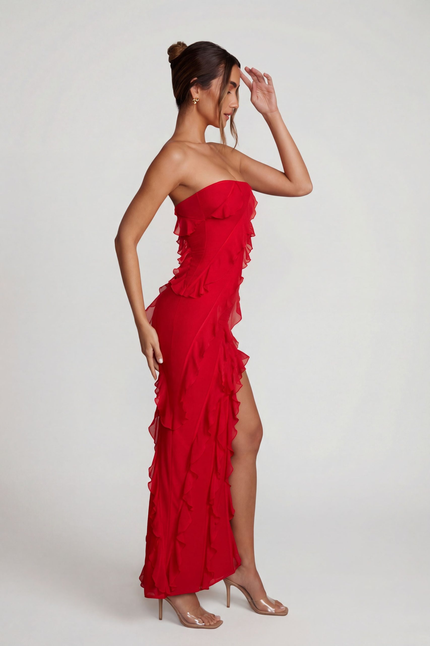 Bandeau Ruffle Detail Maxi Dress in Red - Image 4