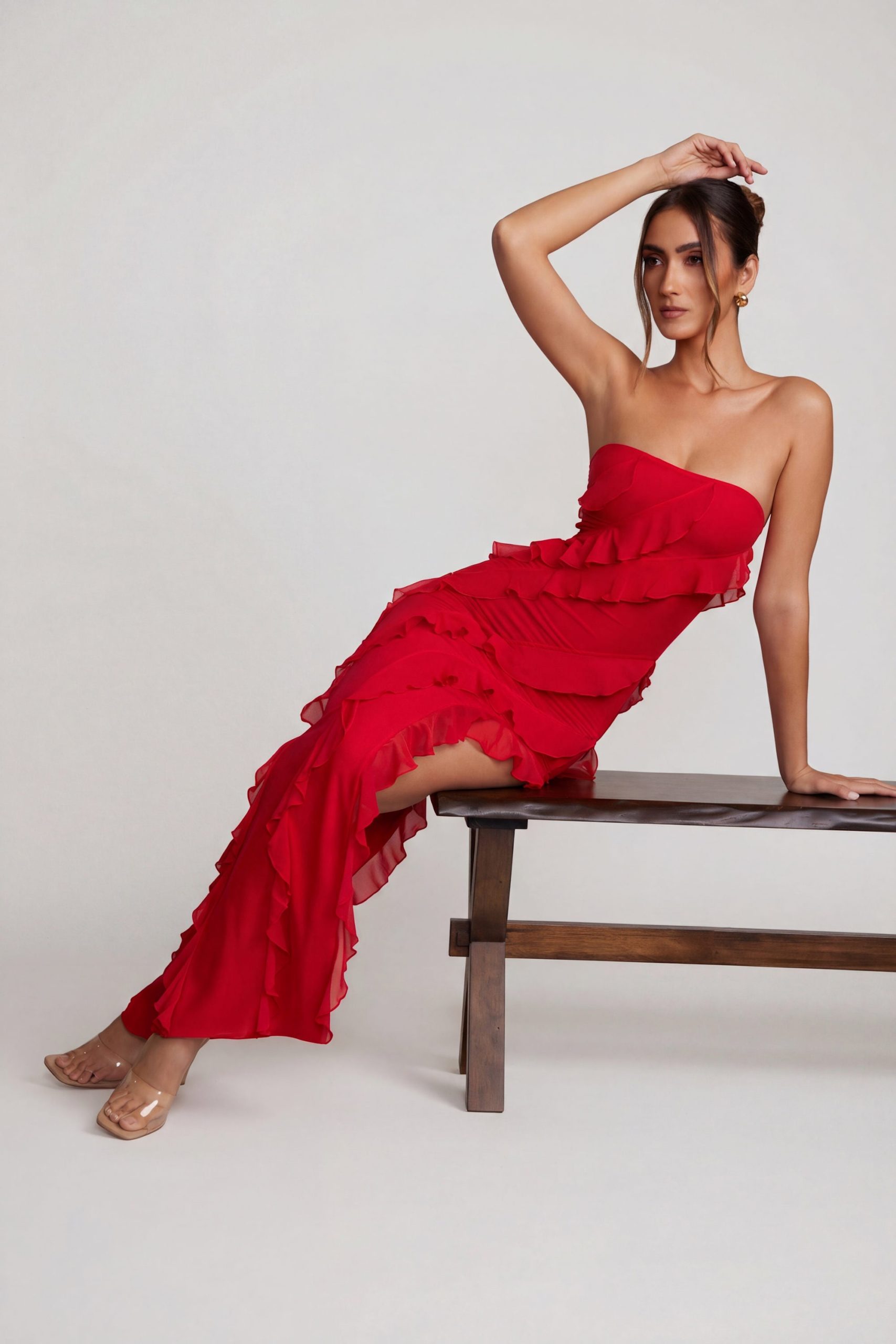 Bandeau Ruffle Detail Maxi Dress in Red - Image 8