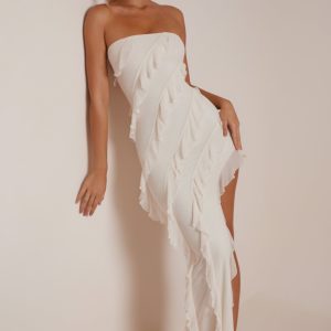 Bandeau Ruffle Detail Maxi Dress in Ivory