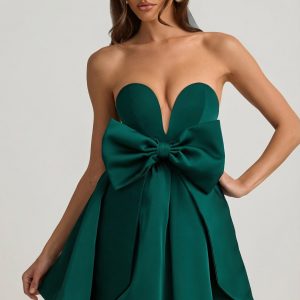Bow-Detail Corset Mini Dress in Emerald Green