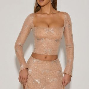 Embellished Mid-Rise A-Line Mini Skirt in Almond
